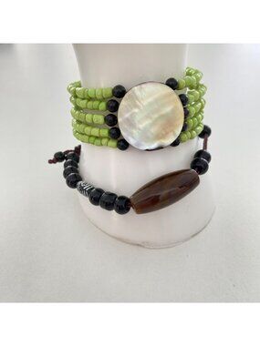 Handmade Multi-Strand Beaded Bracelet With Shell Accent & Wood Beads